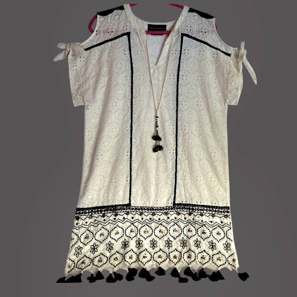 Hemant & Nandita 100% Cotton Cold Shoulder Dress Small White/Navy Eyelet Lace